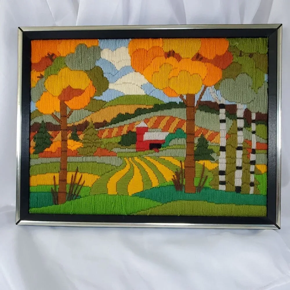 VTG 1970's Crewel Country Autumn Fall farm Scene Picture Framed Art 17”X13”